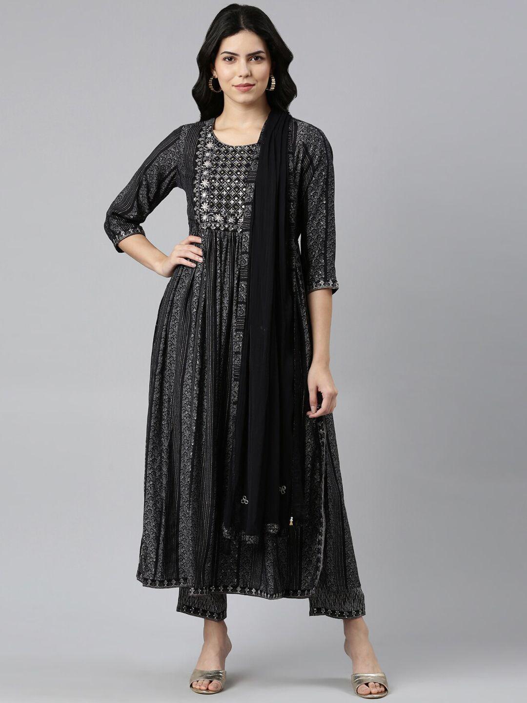 neerus ethnic motifs printed empire thread work kurta with trousers & with dupatta