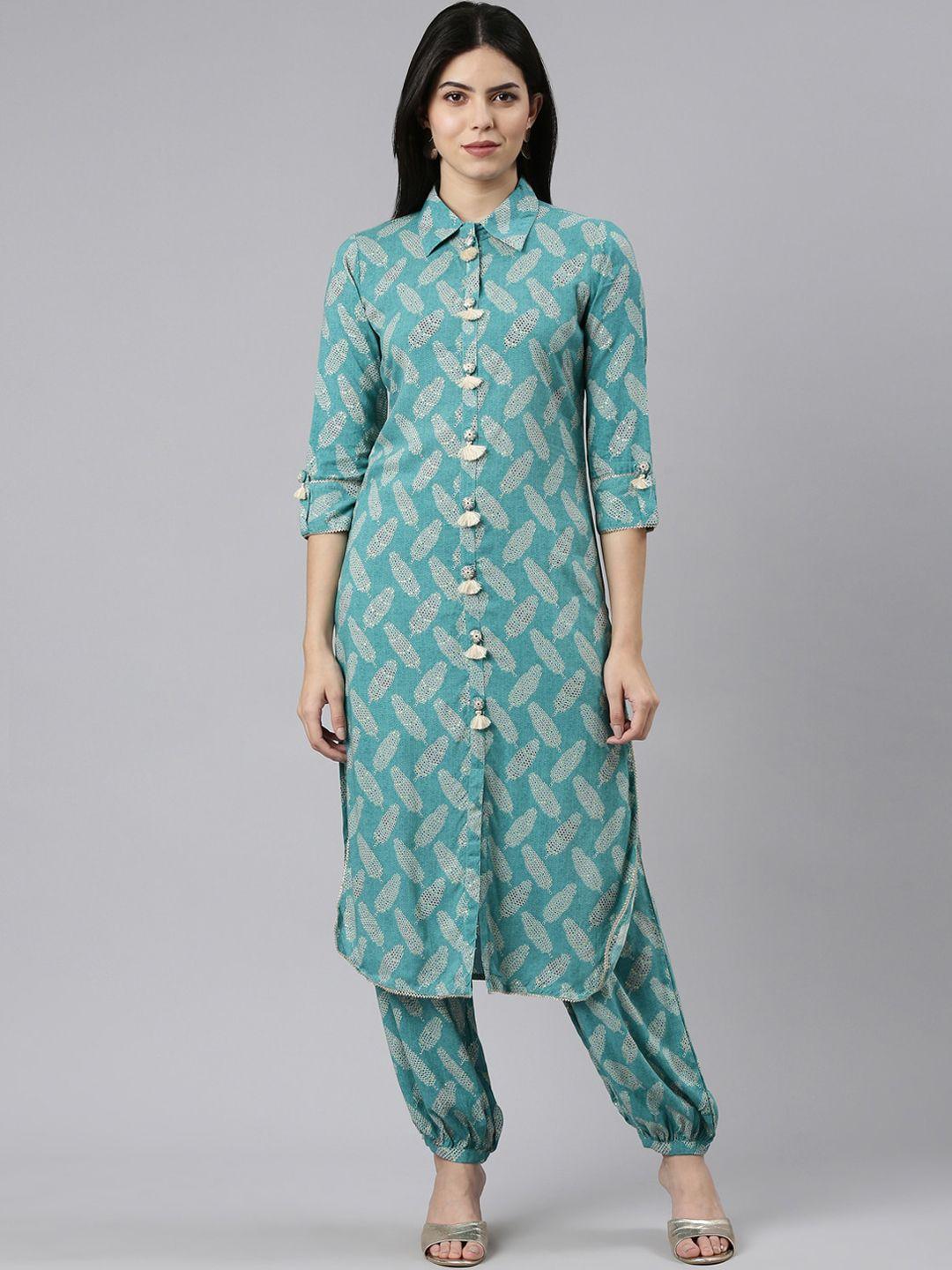 neerus floral printed regular shirt collar kurta with salwar