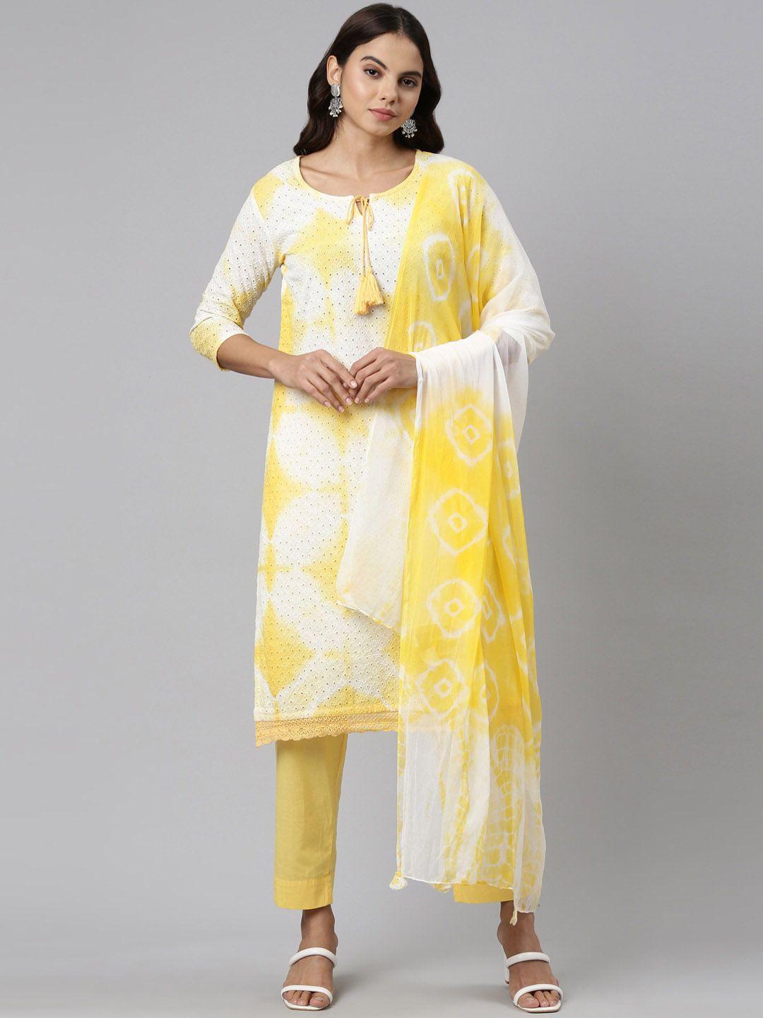 neerus dyed tie-up neck thread work pure cotton kurta with trousers & dupatta