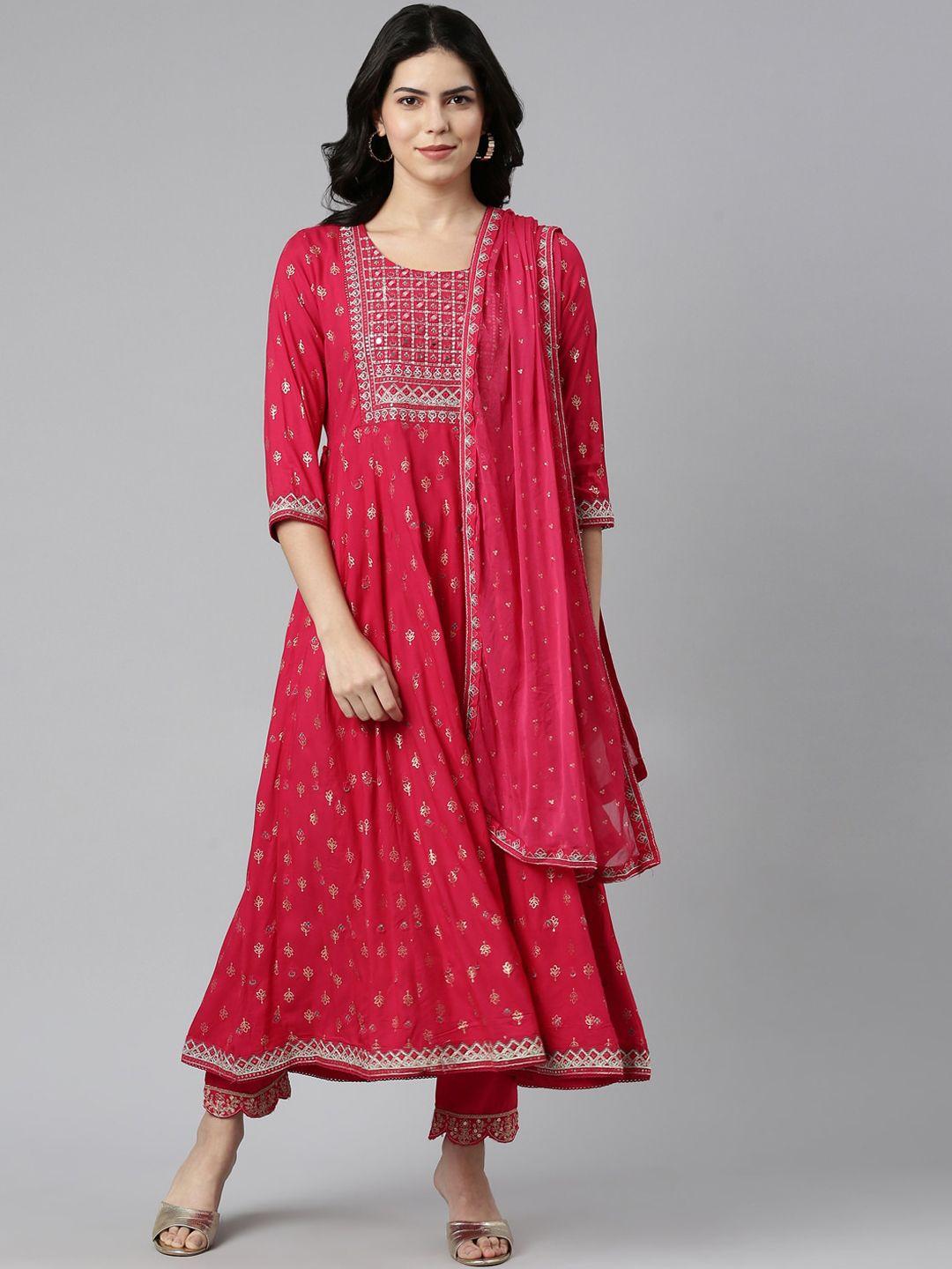 neerus ethnic motifs floral printed round neck anarkali mirror work kurta set with dupatta