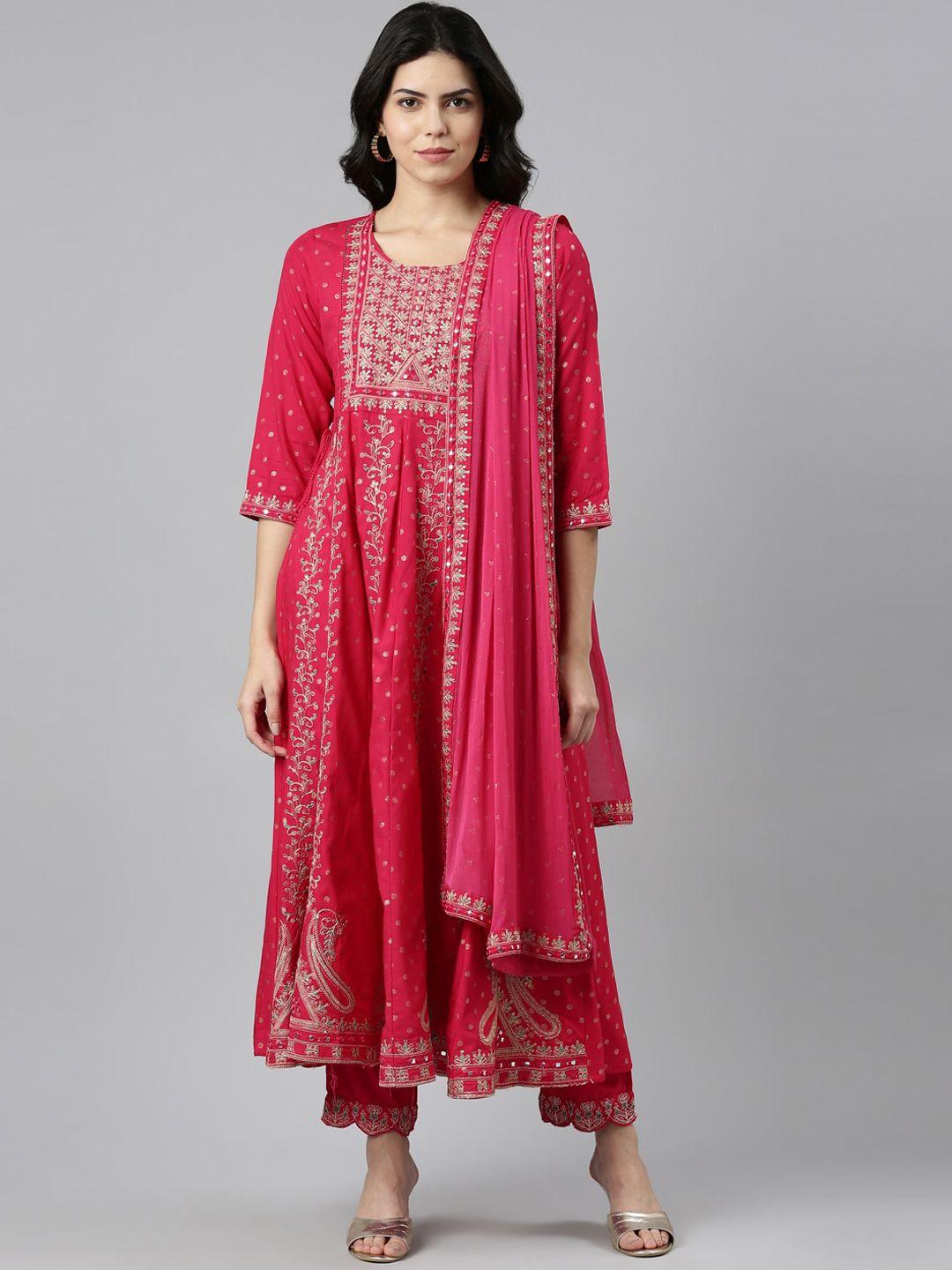 neerus ethnic motifs embroidered regular aari work kurta with trousers & dupatta