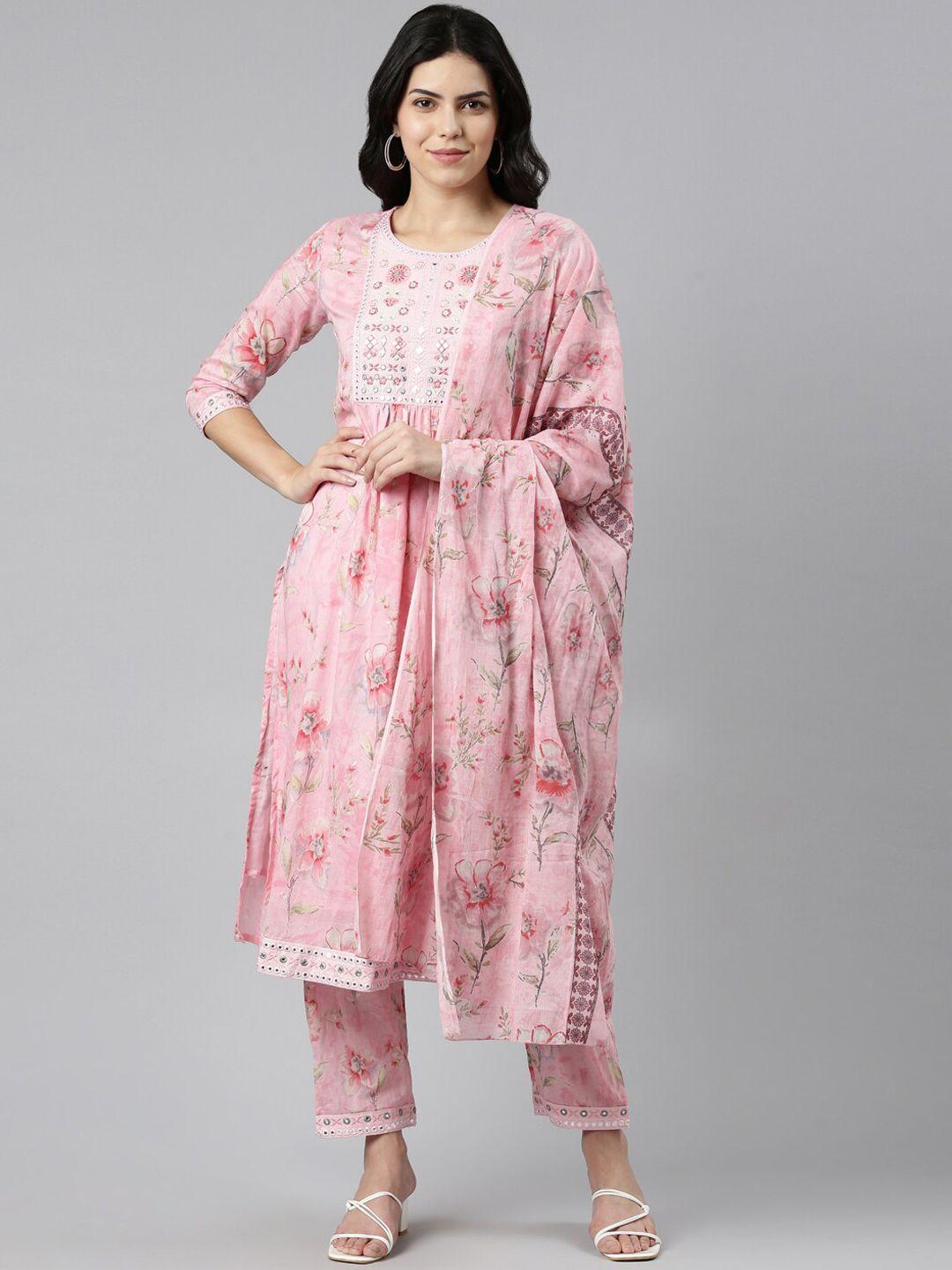 neerus floral printed thread work pure cotton kurta with trousers & dupatta