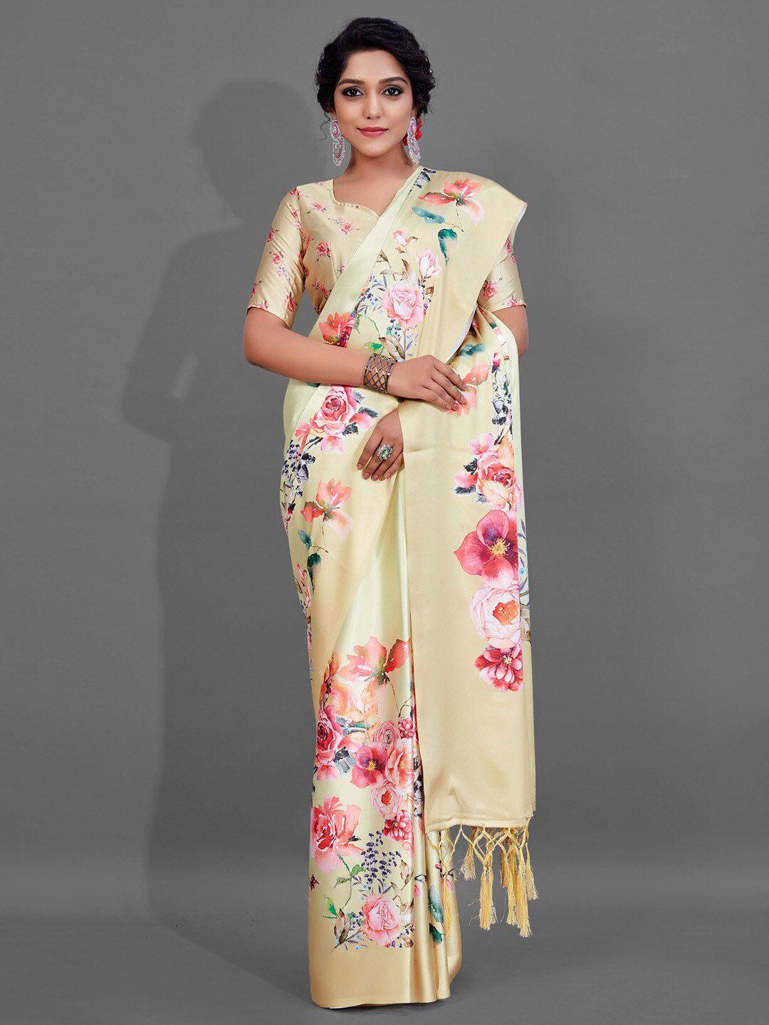 anouk yellow & pink floral printed pure crepe bagru saree