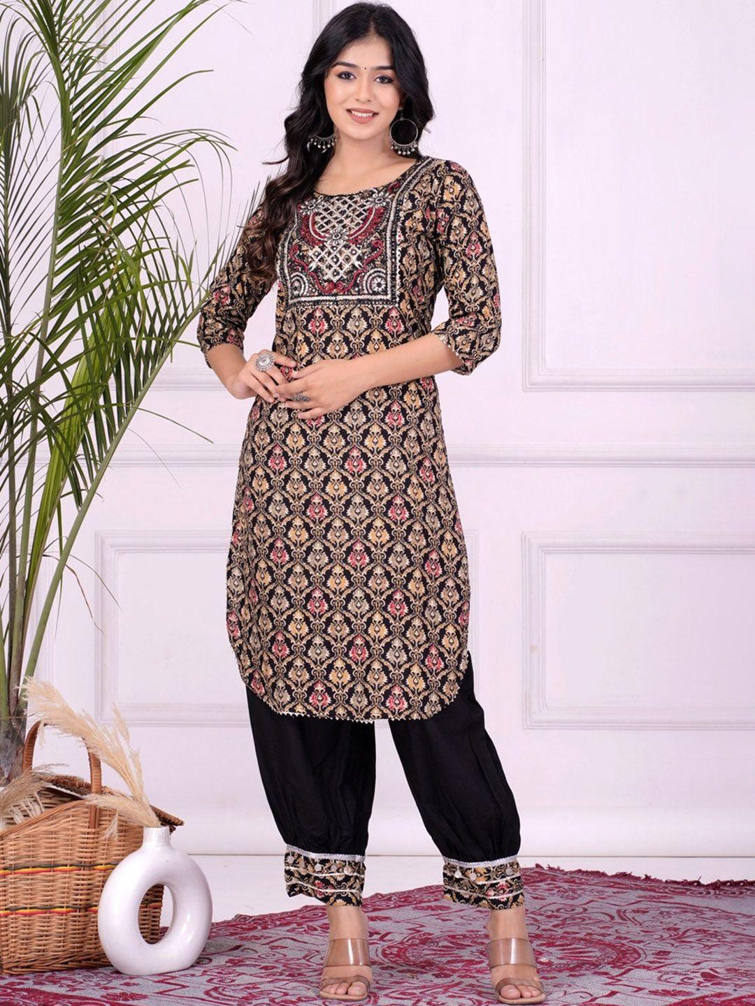 unisets women black ethnic motifs printed regular thread work kurta with salwar & with dupatta