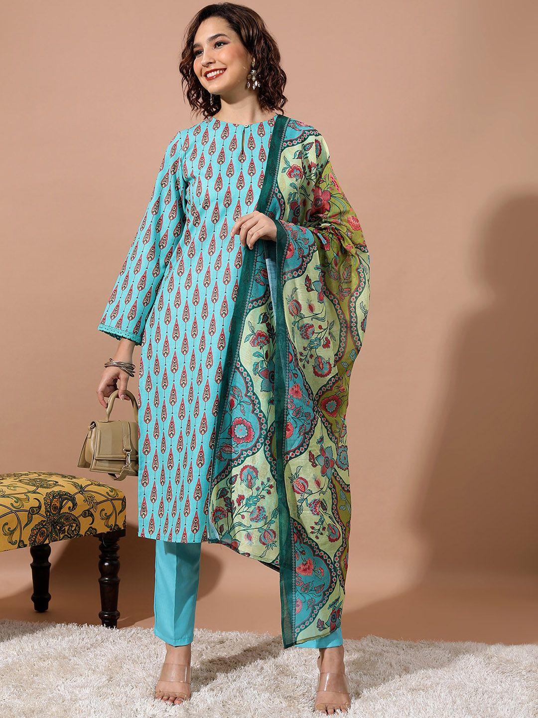 vishudh ethnic motifs printed keyhole neck straight kurta & trousers with dupatta