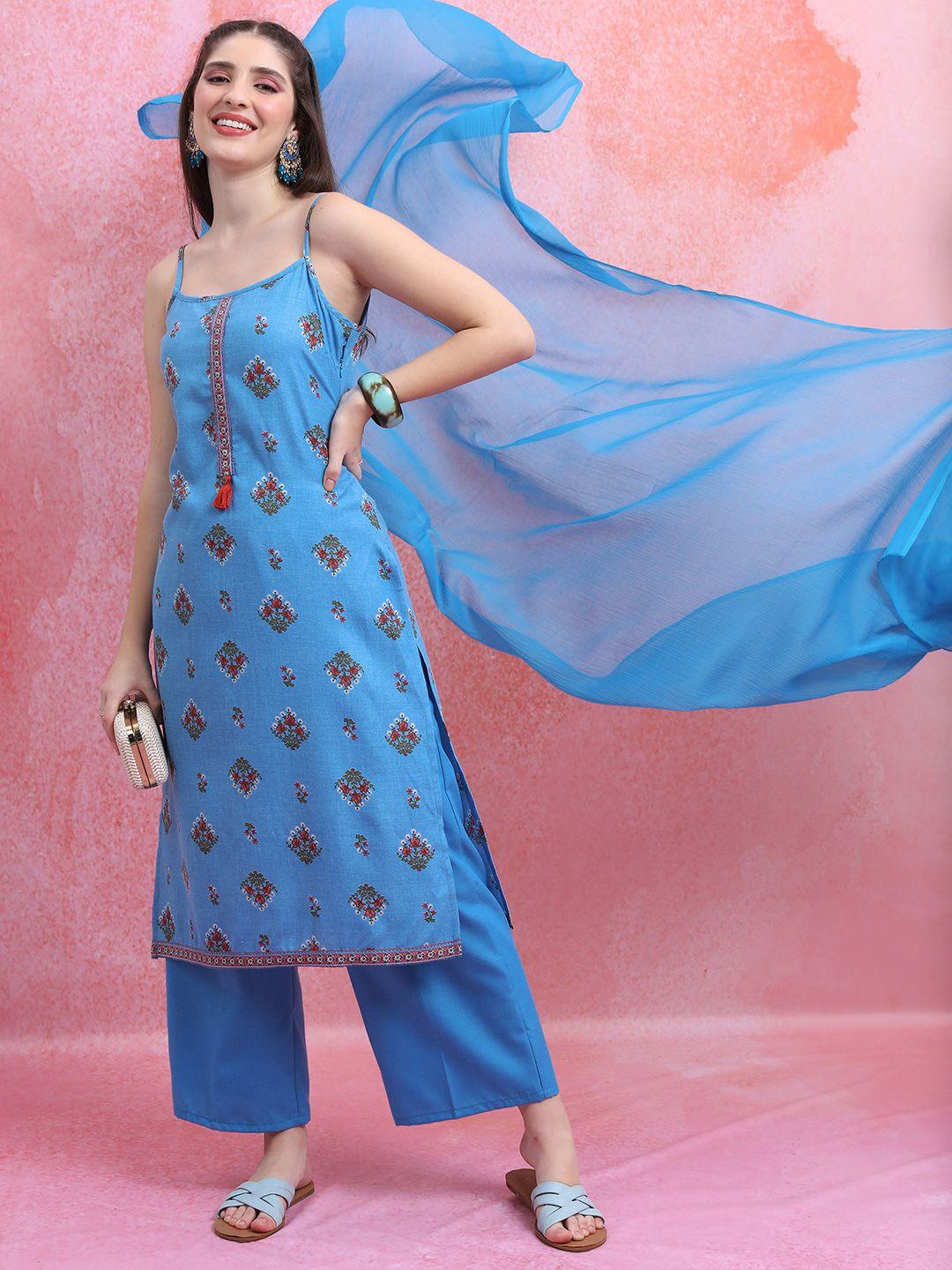 ketch ethnic motifs printed straight kurta with palazzos & dupatta