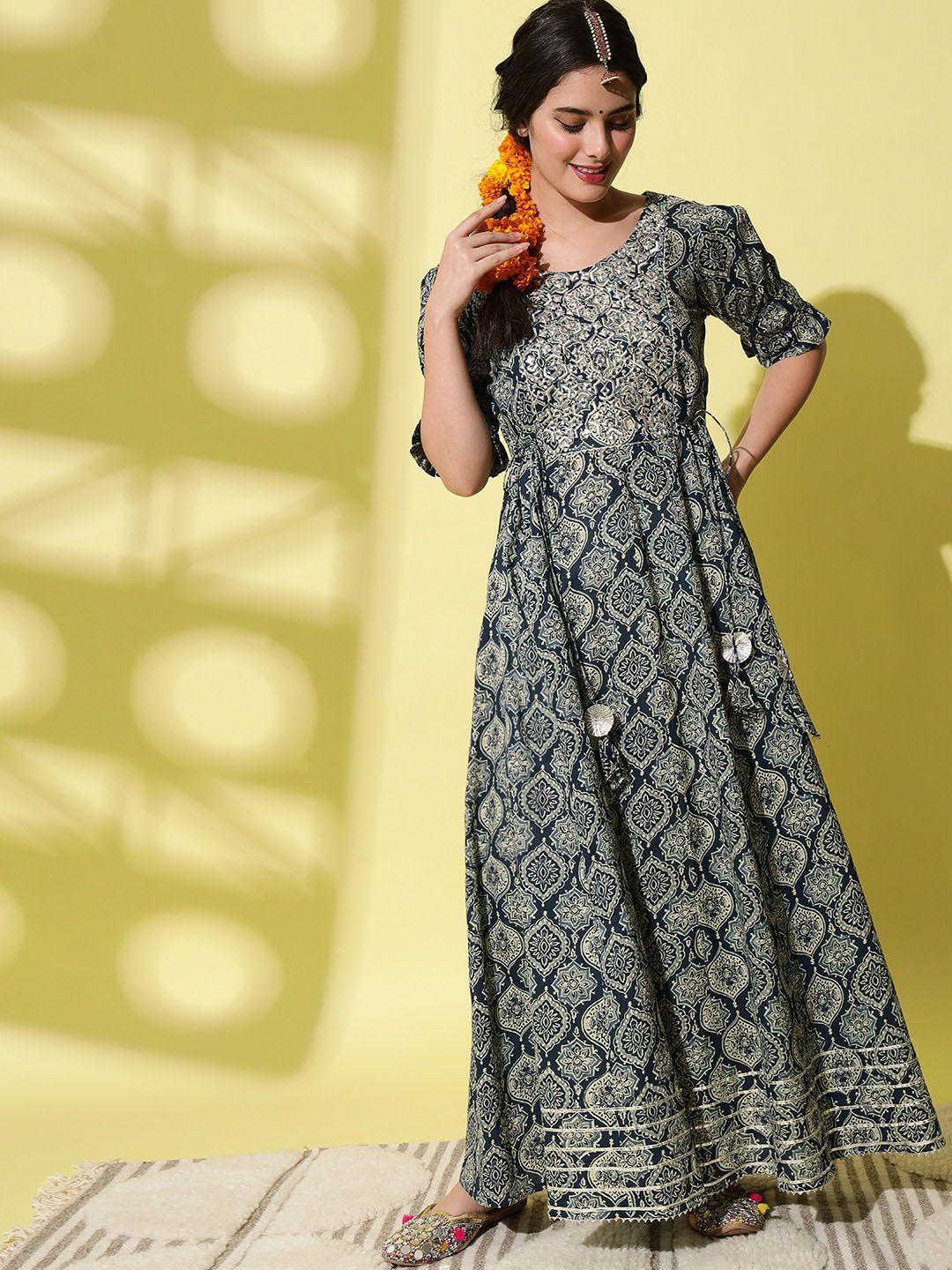 aayumi ethnic motifs printed puff sleeves embroidered cotton anarkali maxi ethnic dress