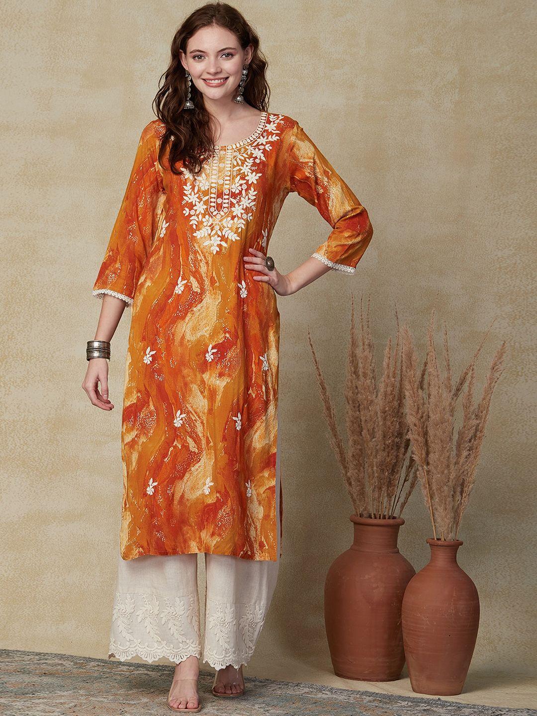 fashor ethnic motifs printed thread work straight kurta