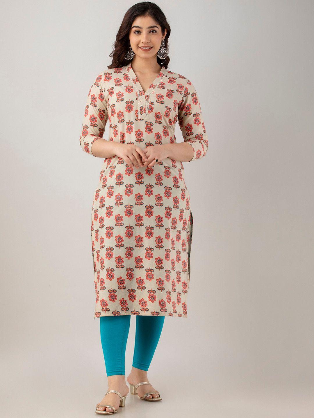 charu floral printed v-neck cotton straight kurta