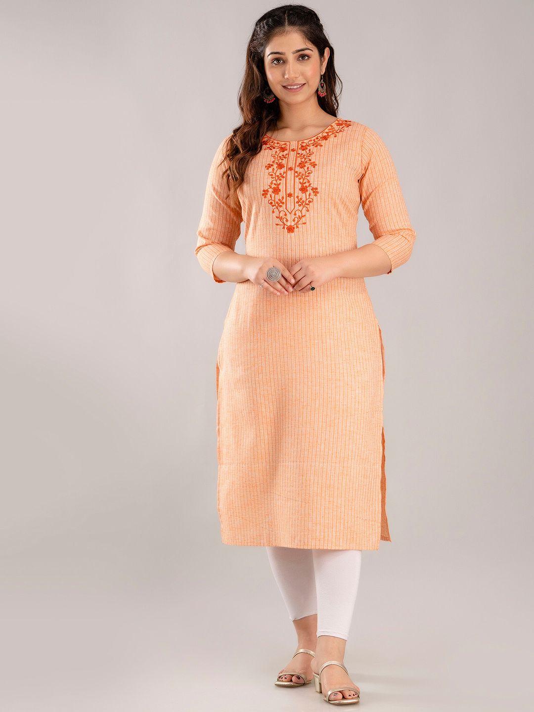 char embroidered round neck three-quarter sleeve straight cotton silk kurta