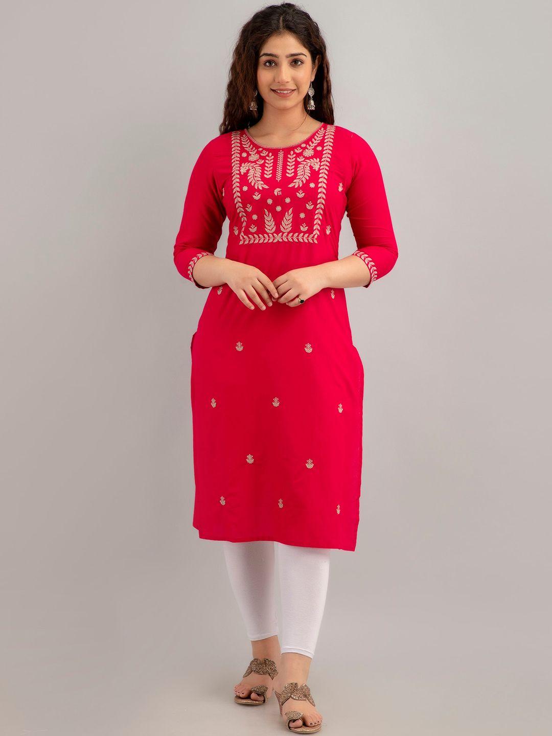 char embroidered round neck three-quarter sleeve straight cotton kurta