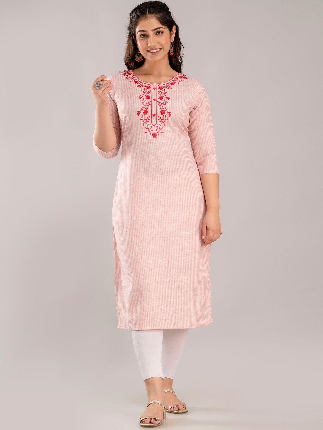 char embroidered round neck three-quarter sleeve straight cotton silk kurta