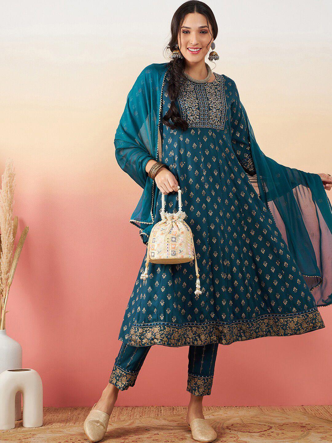 sangria printed & embroidered anarkali kurta with trouser & dupatta set