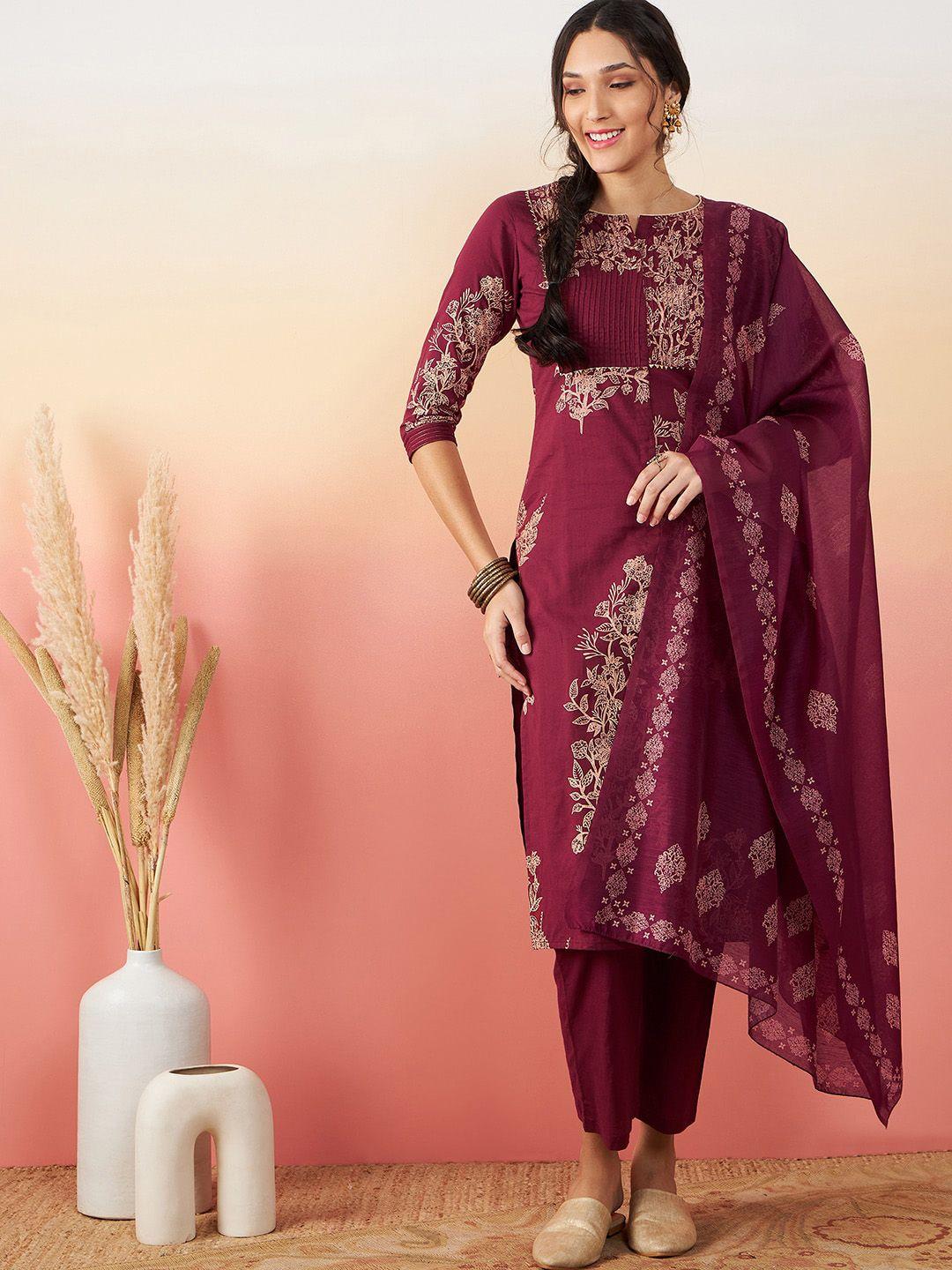 sangria printed pure cotton straight kurta with trouser & dupatta set