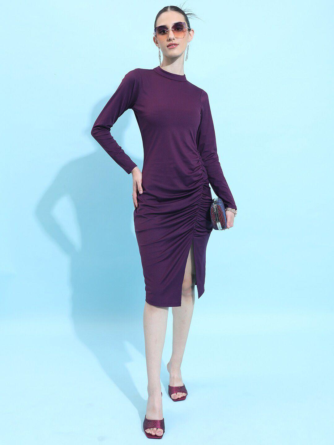 ketch high neck gathered casual sheath midi dress