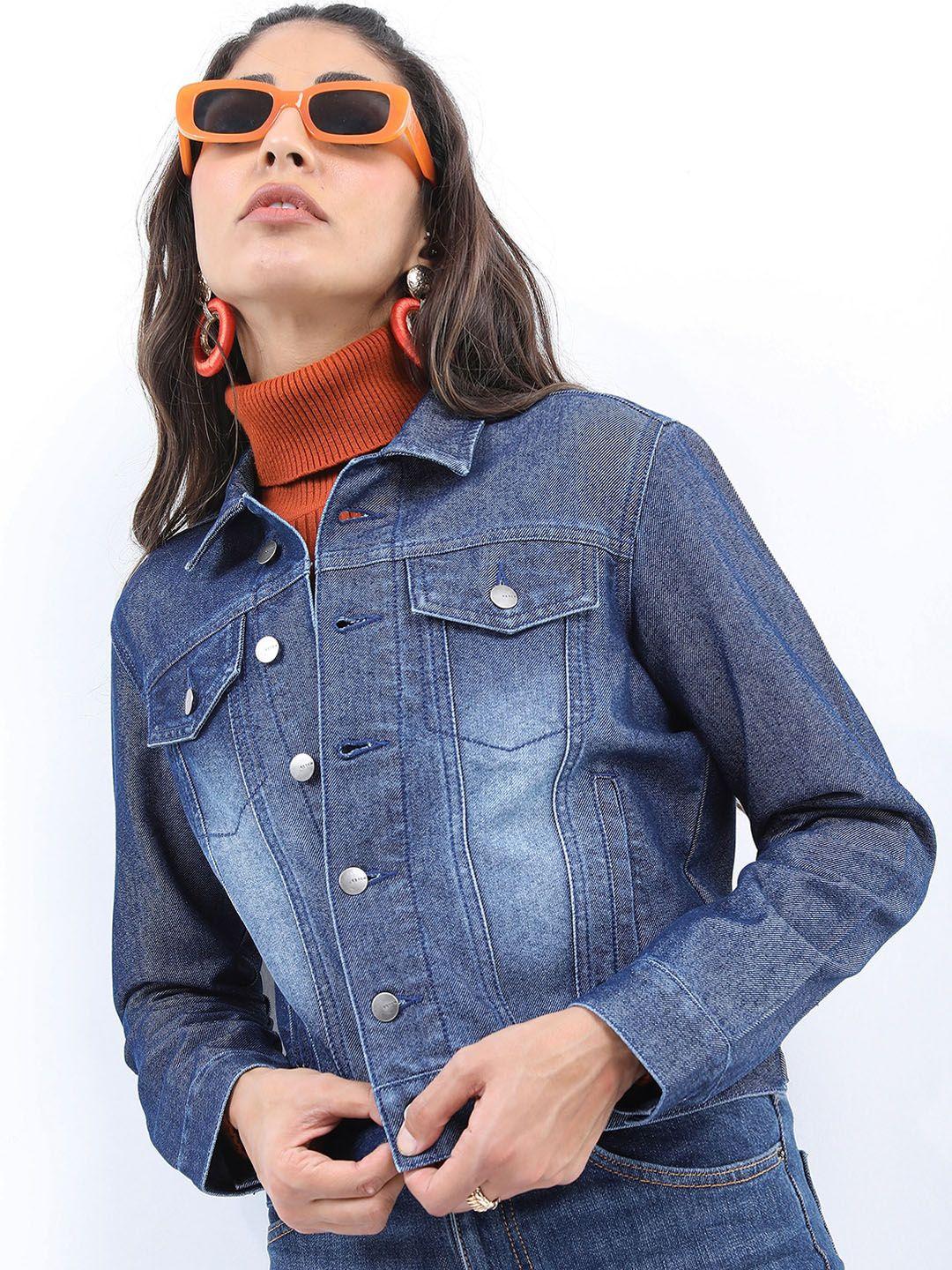 ketch washed spread collar cotton crop denim jacket