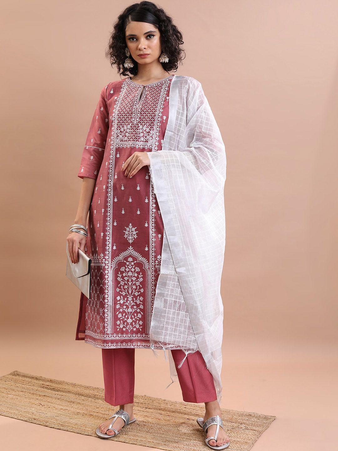 vishudh ethnic motifs printed pure cotton straight kurta with trousers & dupatta