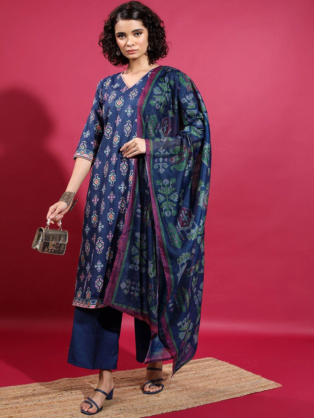 vishudh ethnic motifs printed straight kurta with palazzos & dupatta