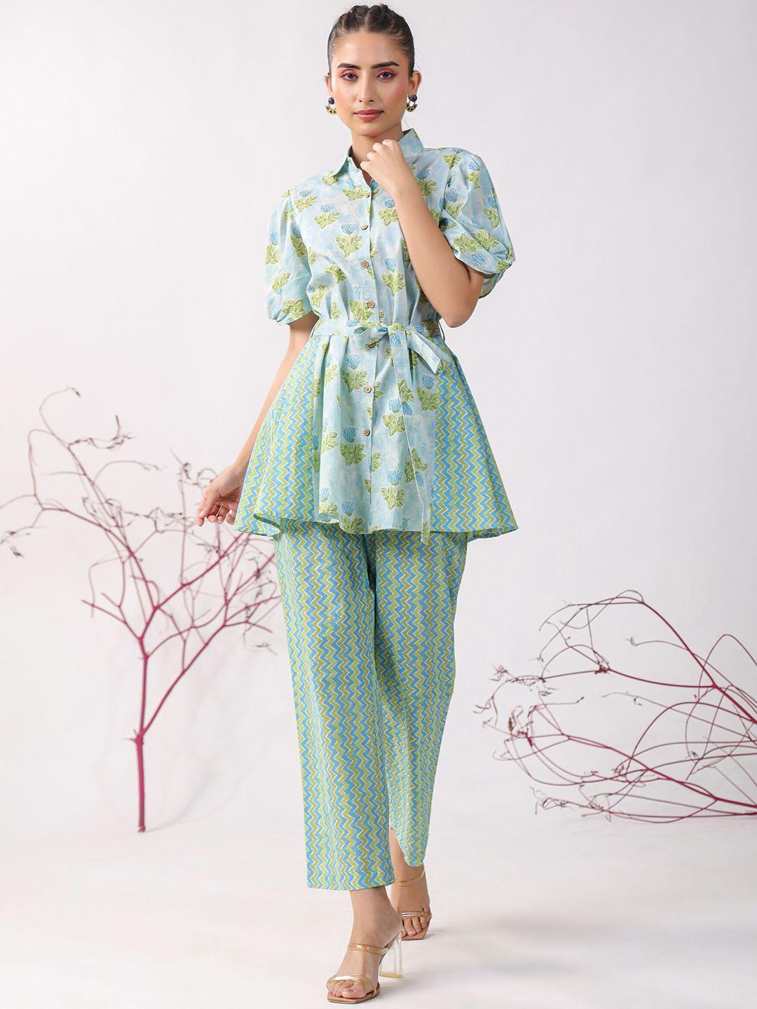 jisora printed shirt collar front tie up tunic with printed pyjama co-ords