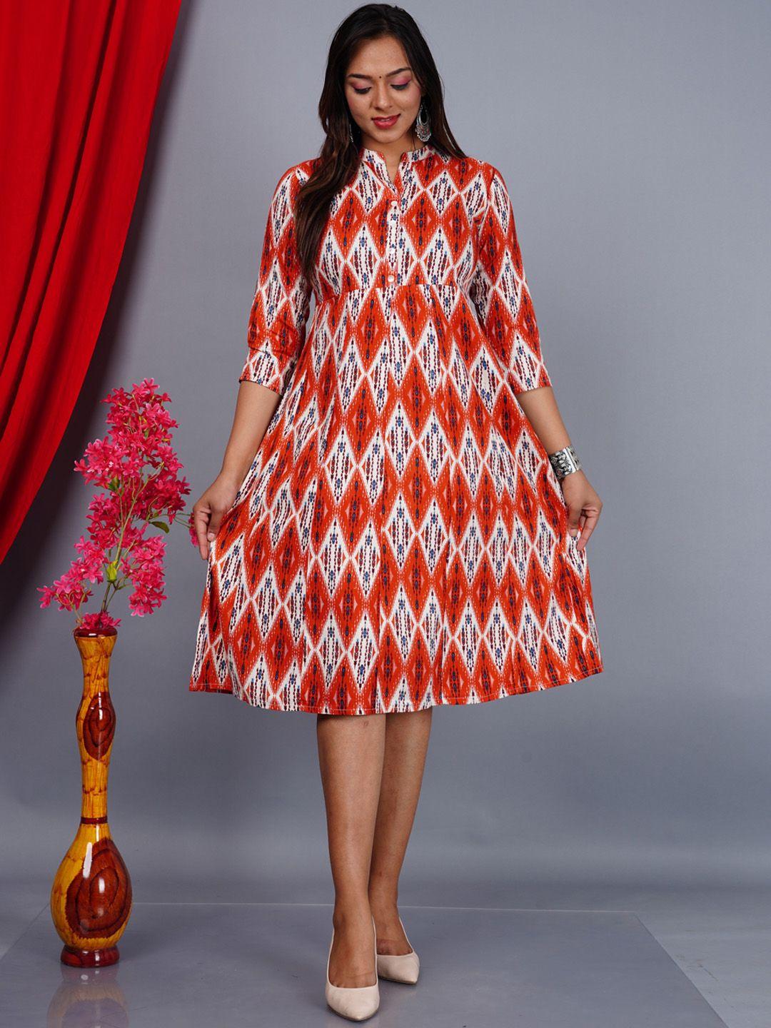 aayumi geometric printed mandarin collar fit and flare midi dress