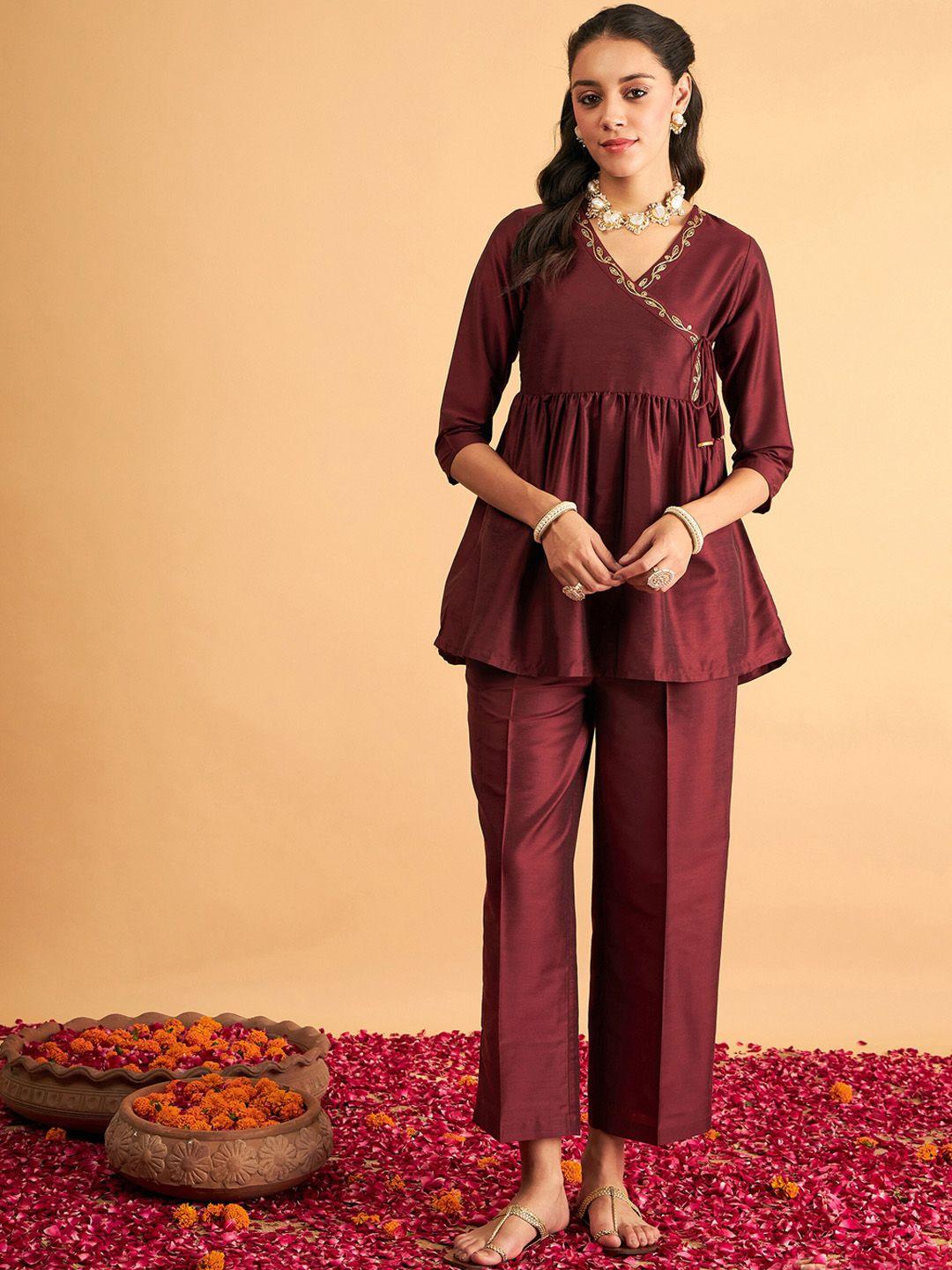 shae by sassafras maroon ethnic motifs embroidered v-neck tie-up top & trouser