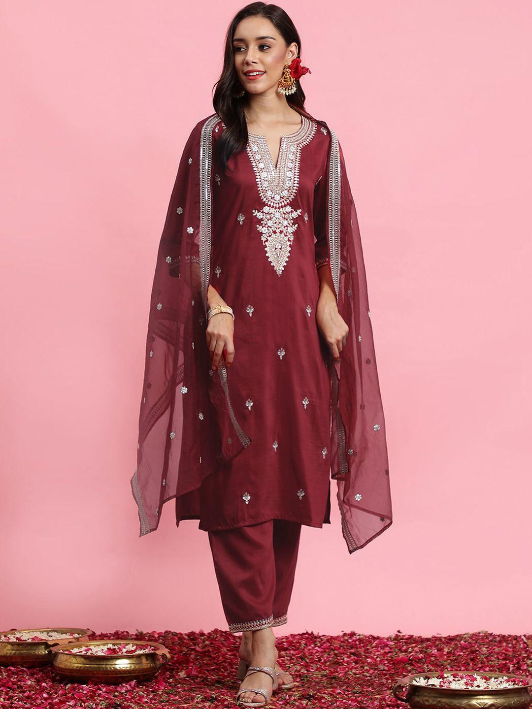 indo era embroidered straight kurta with trousers & dupatta