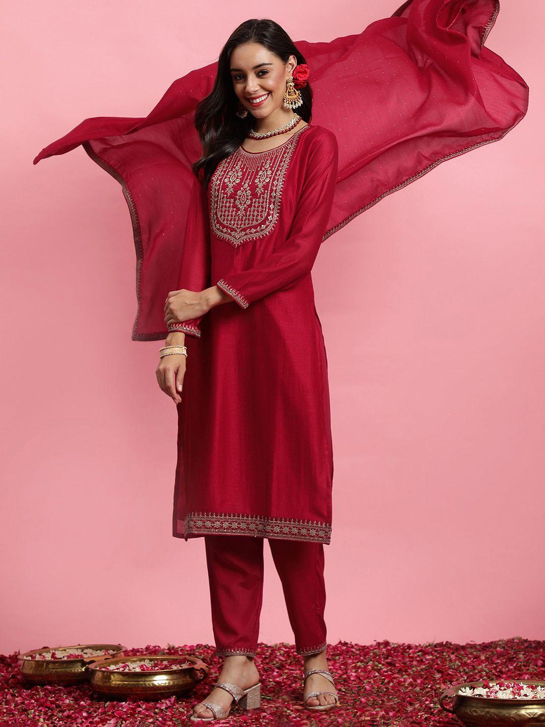 indo era embroidered straight kurta with trousers & dupatta