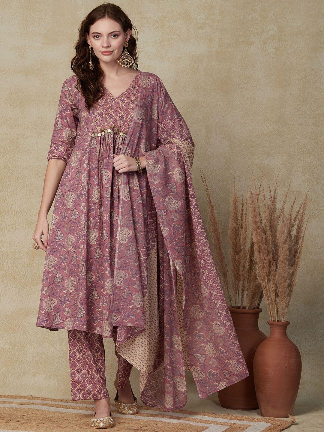 fashor purple printed pleated v-neck mirror work pure cotton kurta with trousers & dupatta