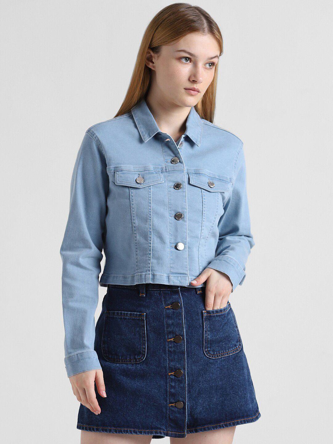 only spread collar crop denim jacket