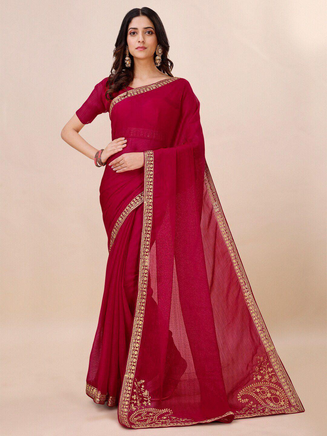 mitera maroon & gold embroidered pure georgette saree