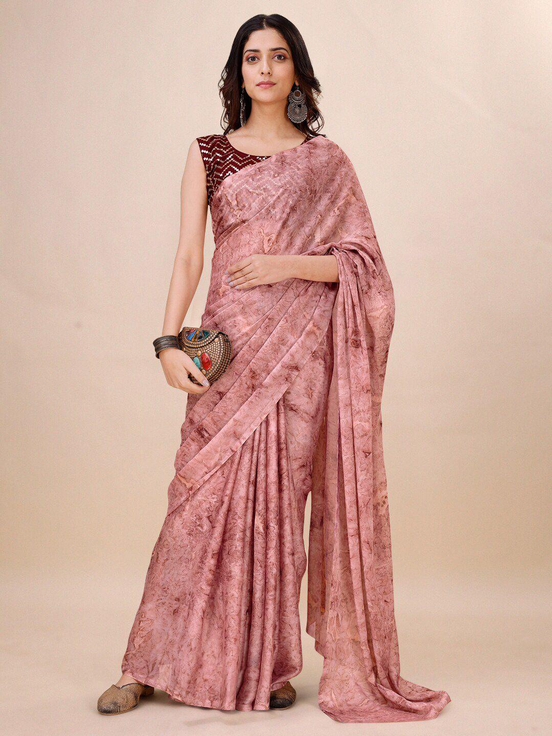 mitera pink & brown abstract printed pure georgette saree