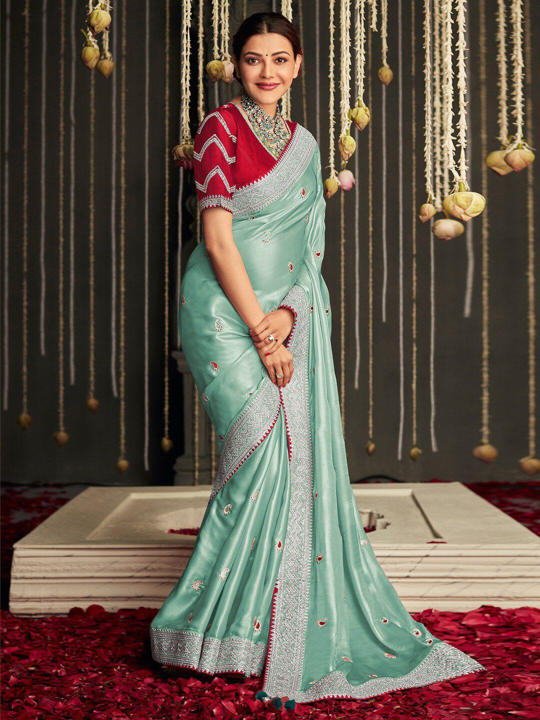 mitera turquoise blue & pink ethnic motifs embroidered beads & stones satin saree