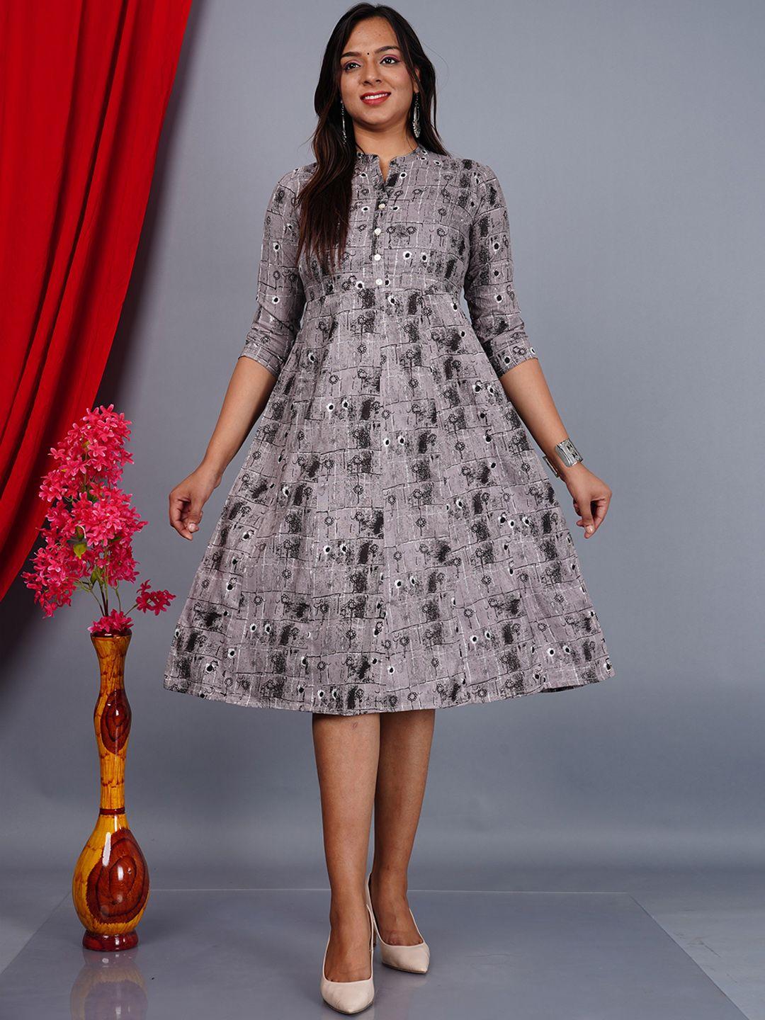 aayumi floral printed mandarin collar fit & flare ethnic dress