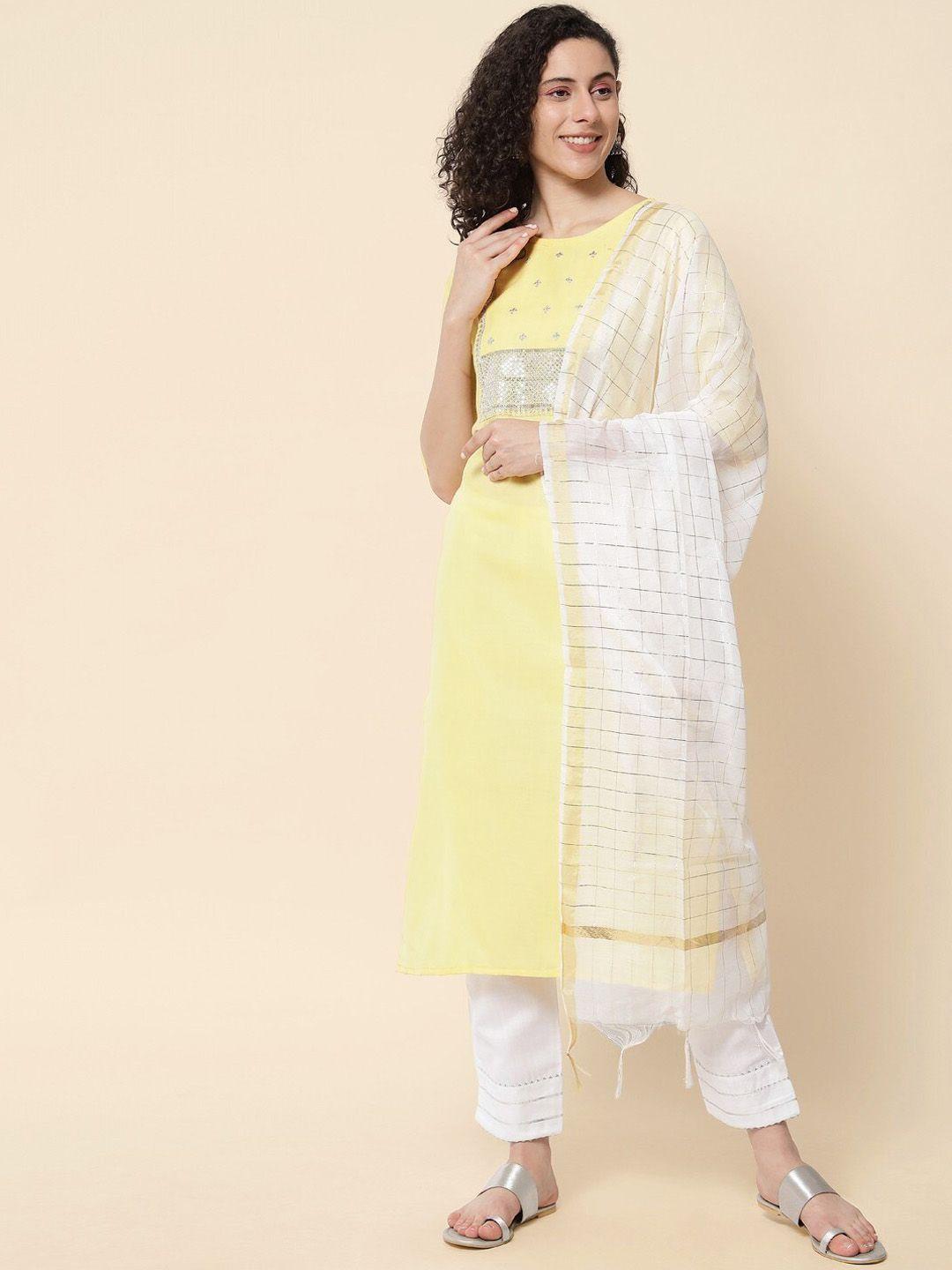 kalini floral yoke design round neck sequined kurta with trousers & dupatta