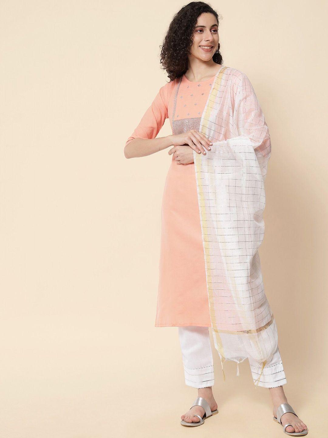 kalini floral yoke design round neck sequined kurta with trousers & dupatta