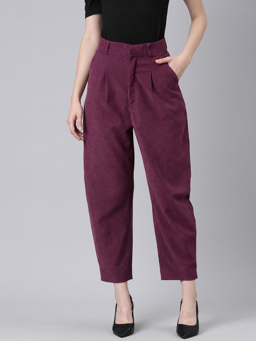 showoff women straight fit wrinkle free pleated cotton cropped peg trousers