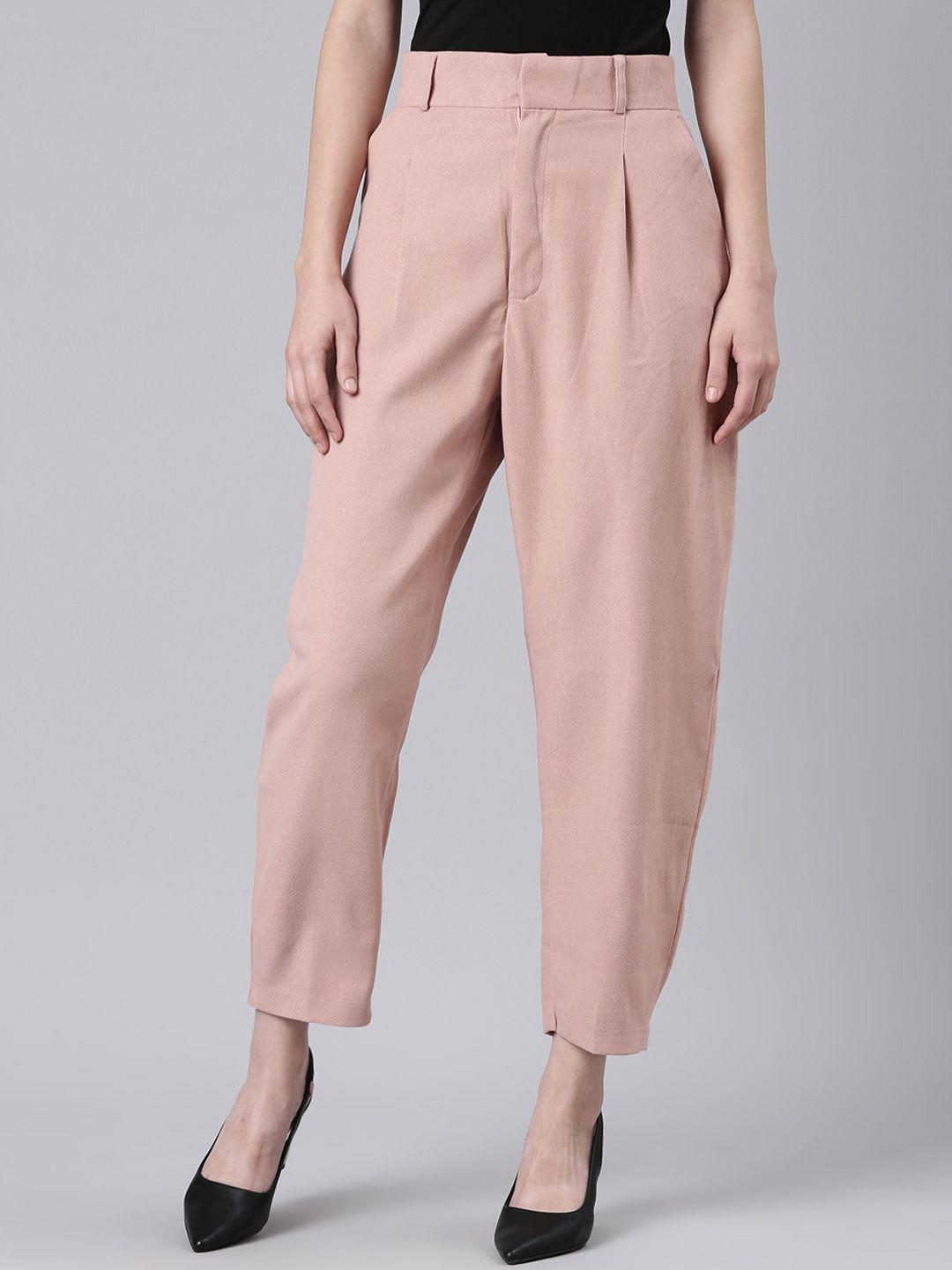 showoff women straight fit wrinkle free pleated cotton cropped peg trousers