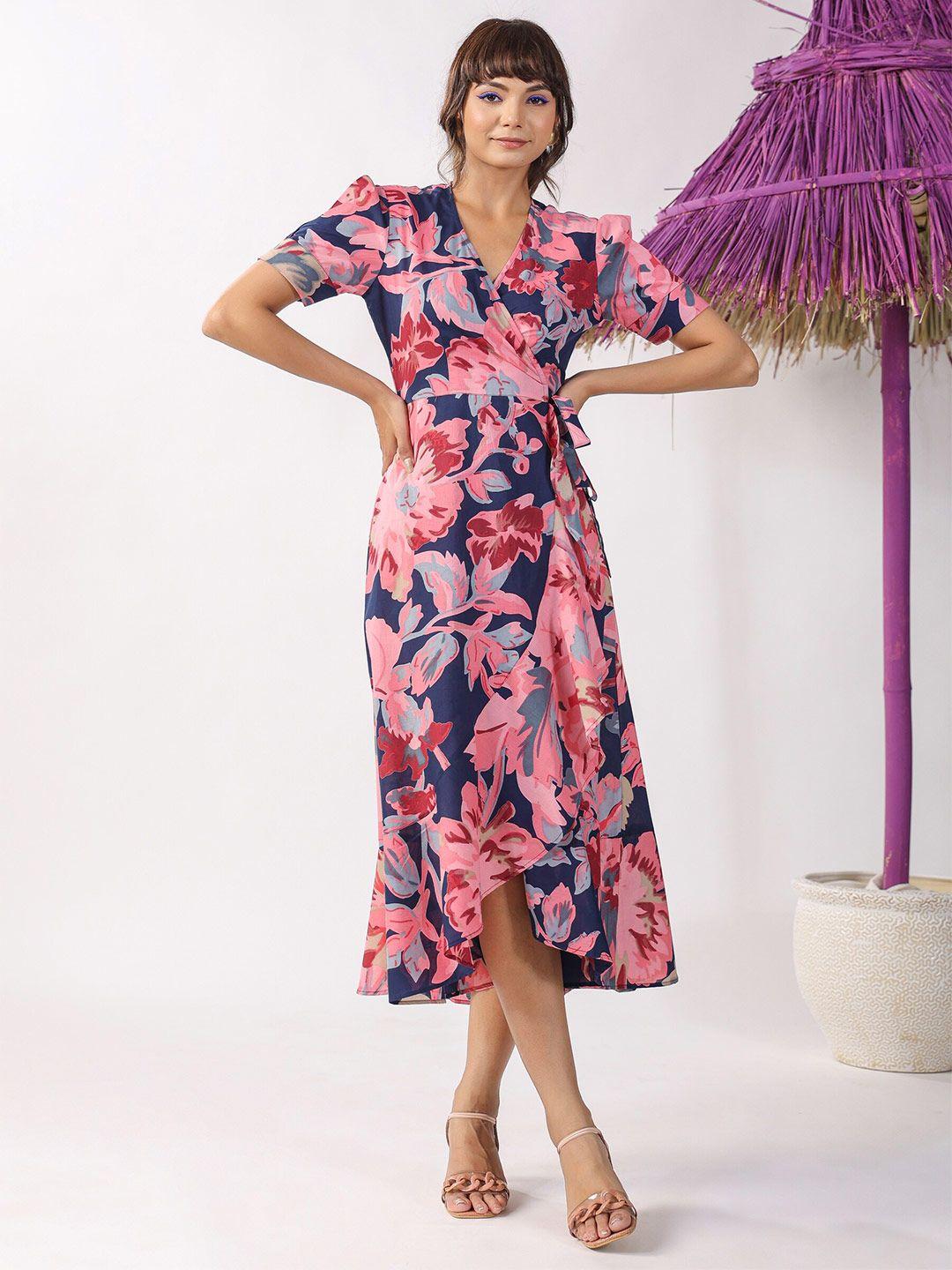 jisora floral printed puff sleeve wrap midi dress with a belt