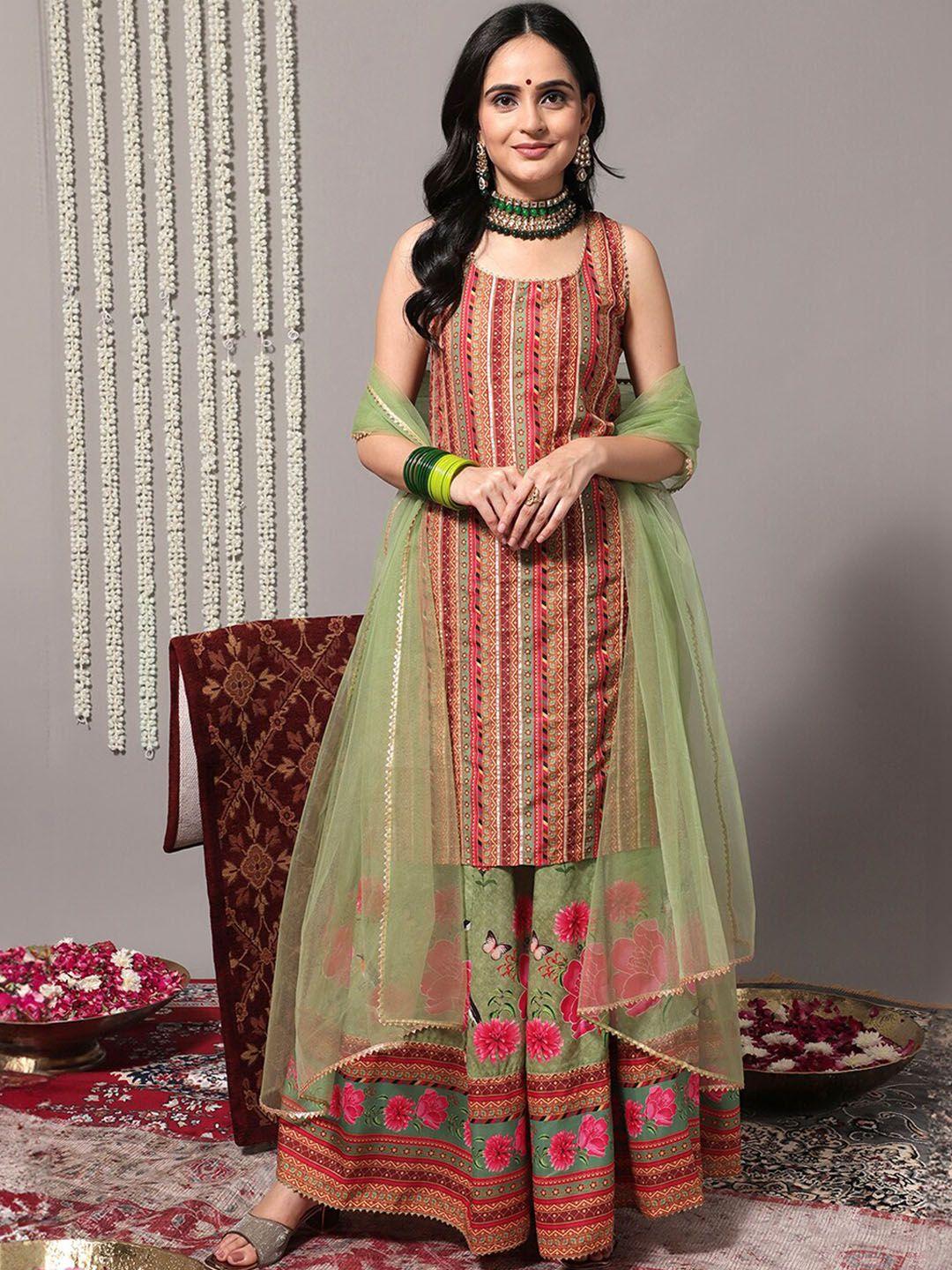 varanga women green floral printed regular gotta patti kurta with sharara & with dupatta