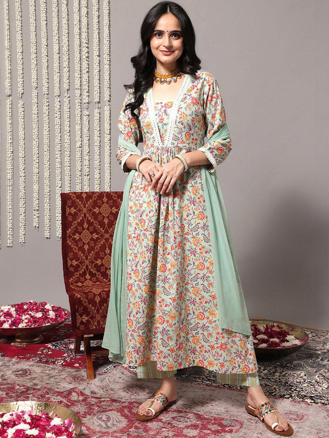 varanga women sea green floral printed empire mirror work kurta with trousers & with dupatta