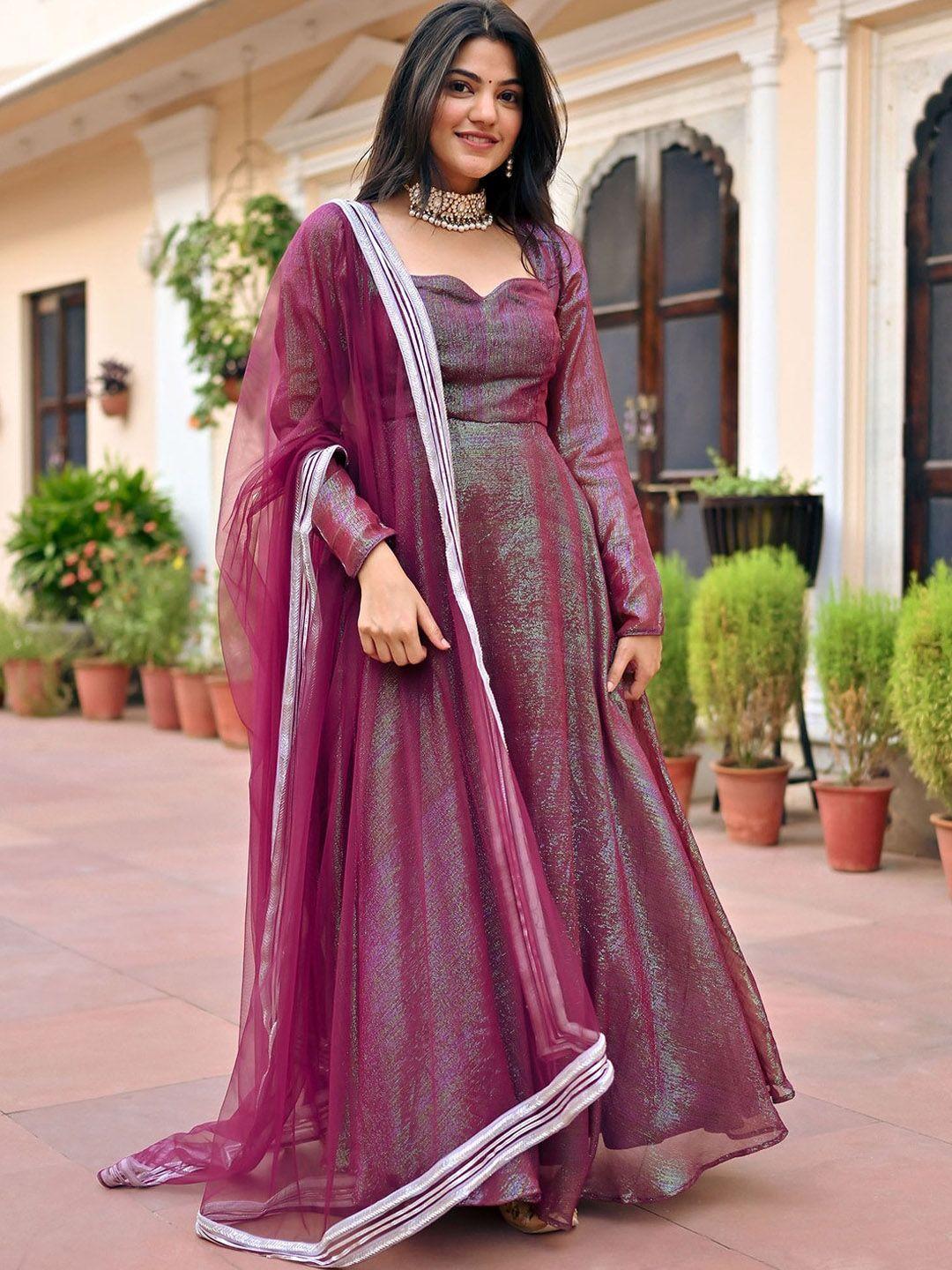 lavanya the label sweetheart neck tissue anarkali kurta & trousers with dupatta