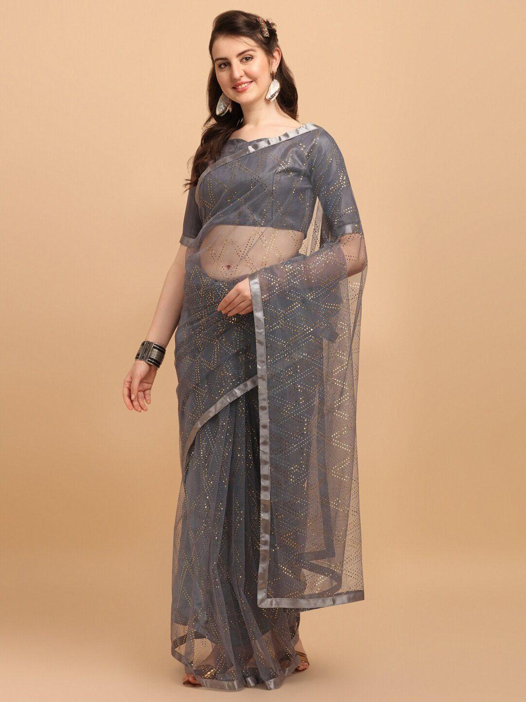 mitera grey embellished sequinned net saree