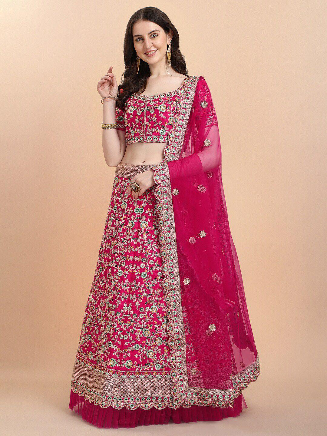 mitera embroidered satin semi stitched lehenga & unstitched blouse with dupatta