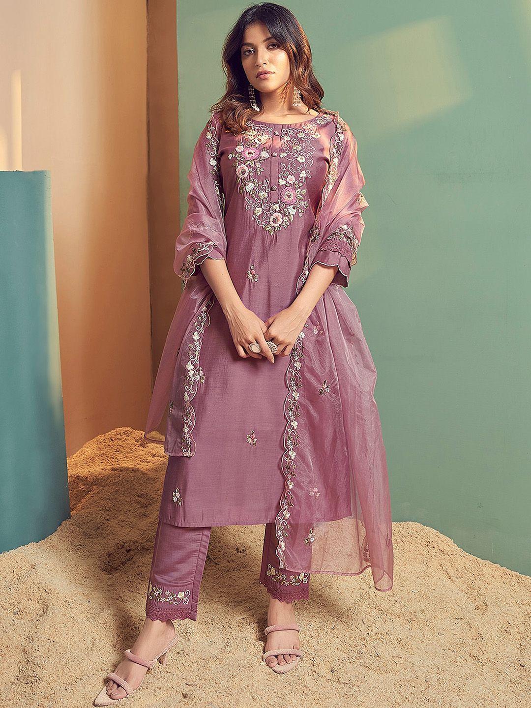 indo era floral embroidered regular thread work kurta with trousers & dupatta