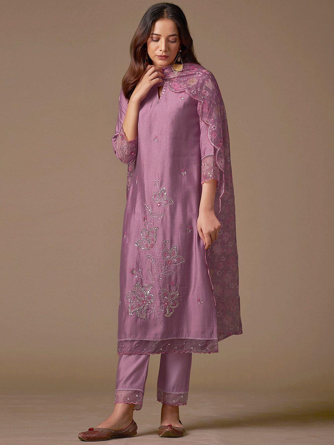 indo era floral embroidered regular thread work kurta with trousers & dupatta