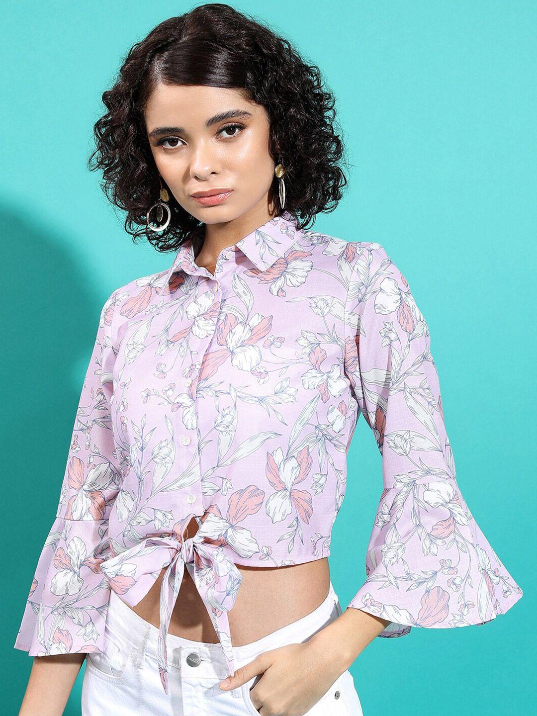 vishudh floral printed bell sleeves tie-up detail shirt style crop top