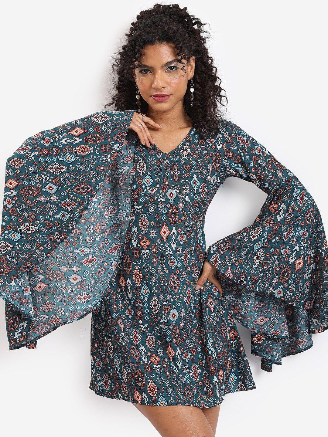 tokyo talkies ethnic motif printed v neck bell sleeve fit and flare mini dress