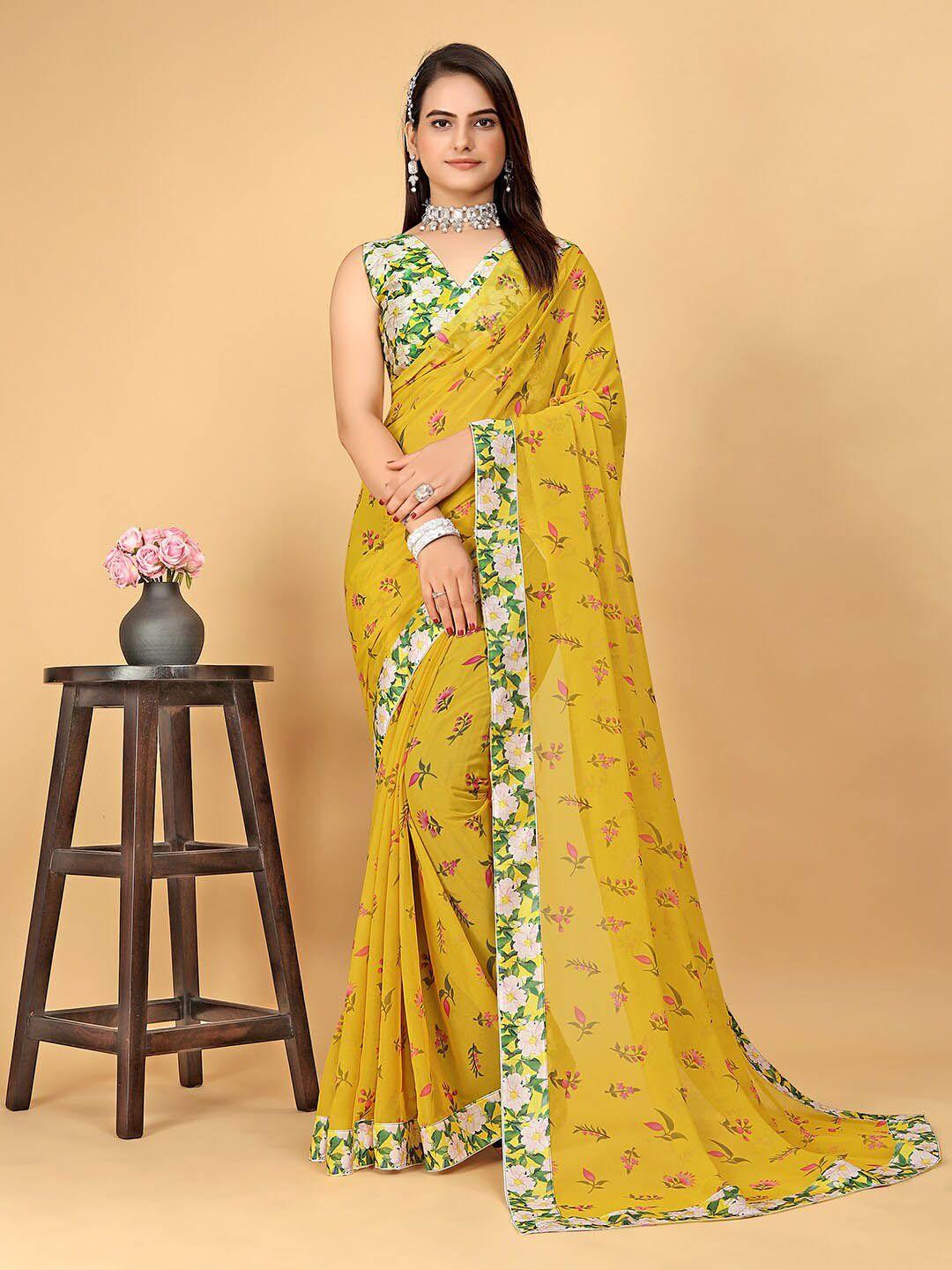 sareewave yellow & pink floral poly georgette saree