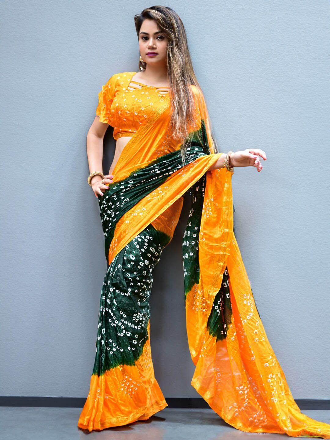 sareewave green & orange bandhani zari art silk bandhani saree