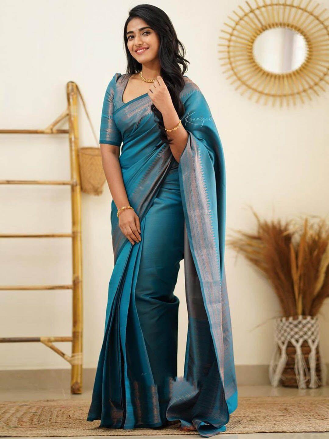 sareewave blue & bronze-toned woven design zari art silk kota saree